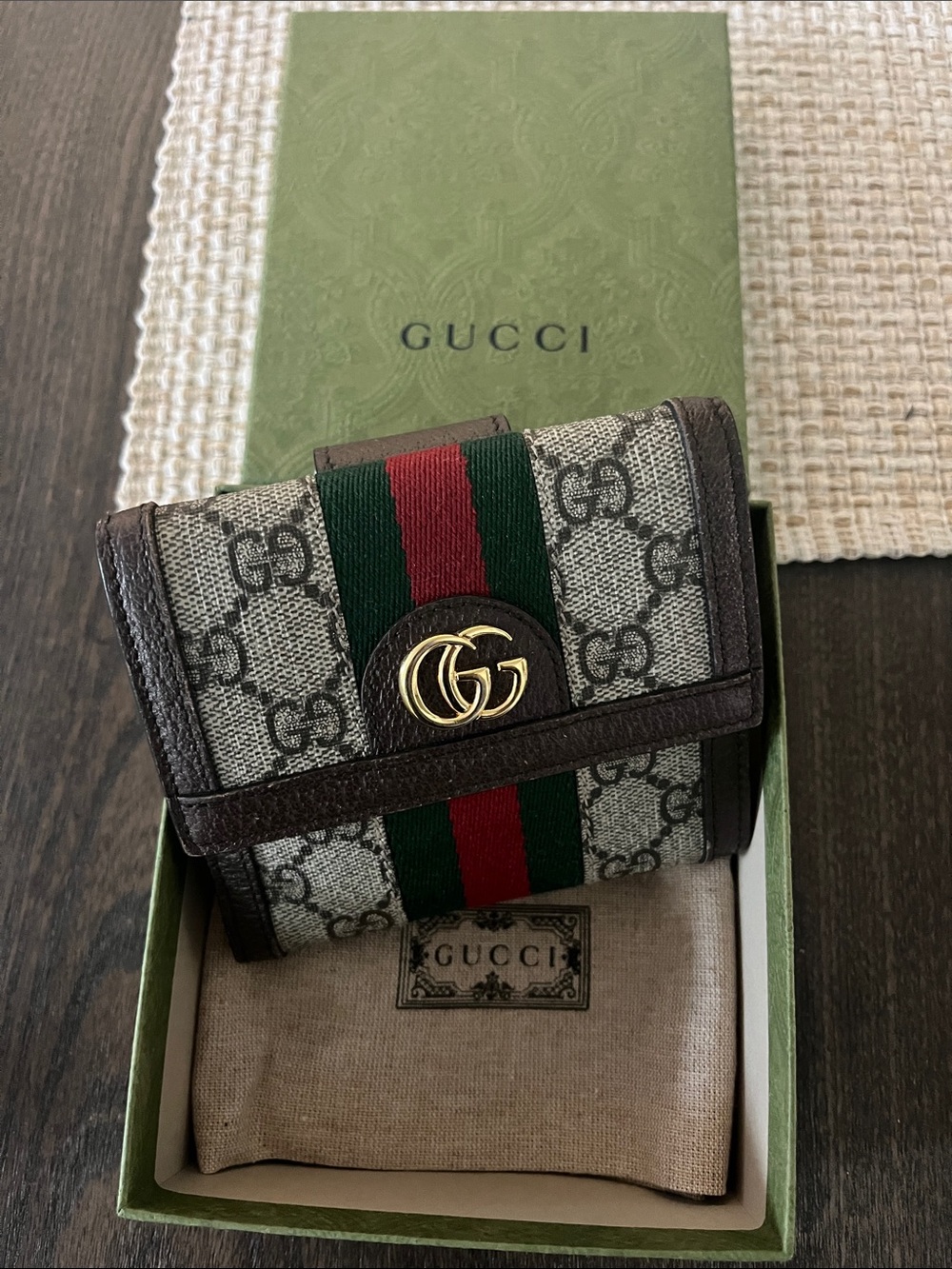 Gucci Brown GG Supreme Card Holder with Green & Red Web and Gold GG